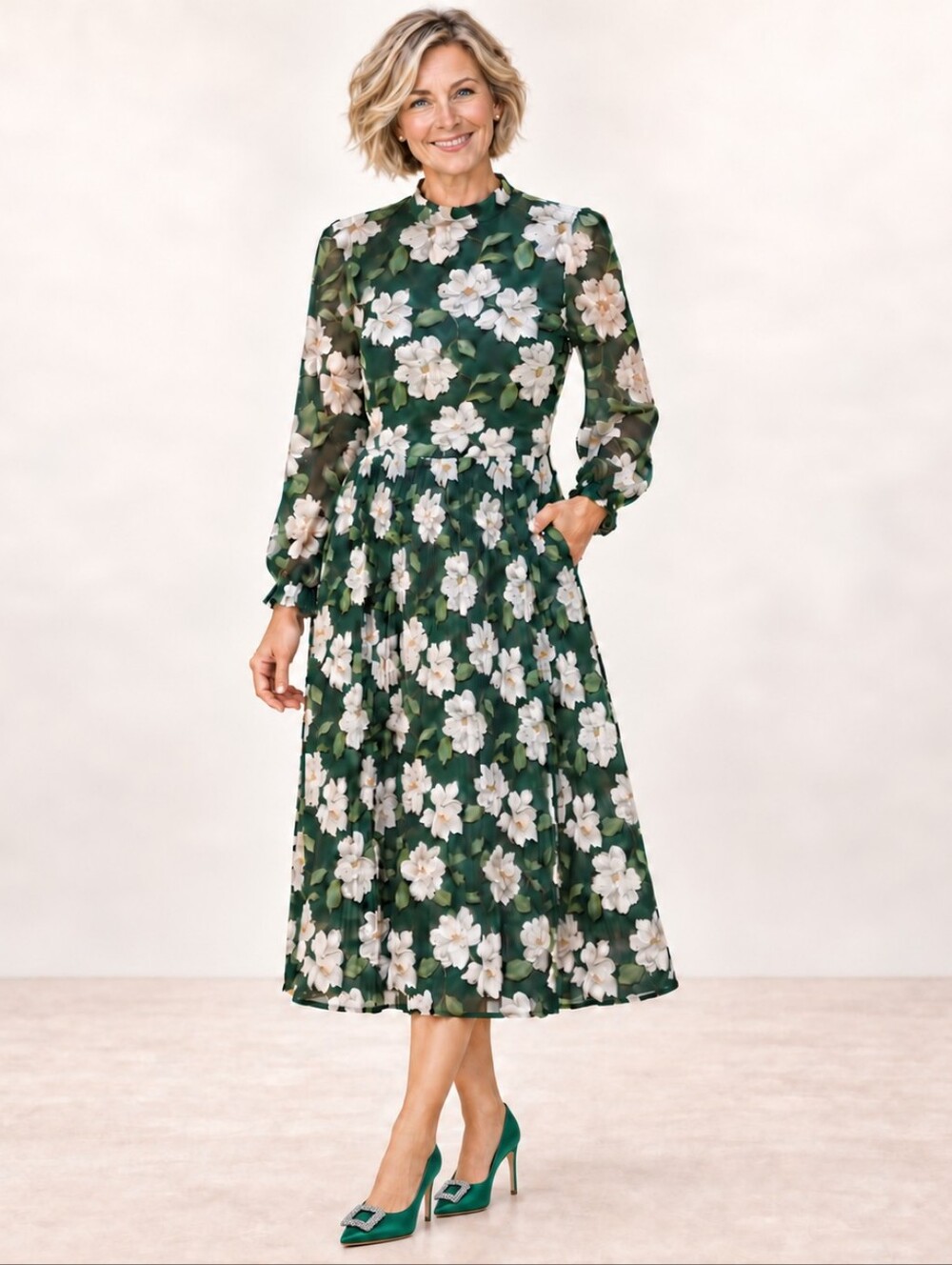 Draper James Floral Mockneck Pleated Midi Dress